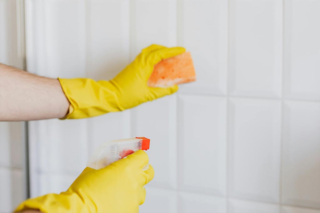 A person is scrubbing bathroom wall tiles